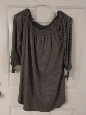 Pink Rose Black & White Striped Off-Shoulder Tunic